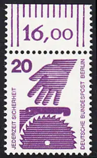 BERLIN 1971 Michel-Nummer 404 postfrisch EINZELMARKE RAND oben (f) - Unfallverhütung: Kreissäge