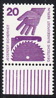 BERLIN 1971 Michel-Nummer 404 postfrisch EINZELMARKE RAND unten - Unfallverhütung: Kreissäge