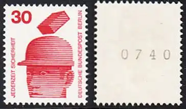 BERLIN 1971 Michel-Nummer 406 postfrisch EINZELMARKE m/ rücks.Rollennummer 0740 - Unfallverhütung: Schutzhelm