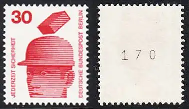 BERLIN 1971 Michel-Nummer 406 postfrisch EINZELMARKE m/ rücks.Rollennummer 170 - Unfallverhütung: Schutzhelm