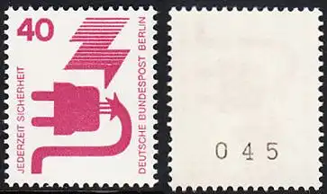 BERLIN 1971 Michel-Nummer 407 postfrisch EINZELMARKE m/ rücks.Rollennummer 045 - Unfallverhütung: Defekter Stecker