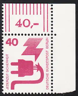 BERLIN 1971 Michel-Nummer 407 postfrisch EINZELMARKE ECKRAND oben rechts - Unfallverhütung: Defekter Stecker