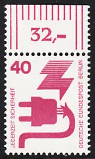 BERLIN 1971 Michel-Nummer 407 postfrisch EINZELMARKE RAND oben (e) - Unfallverhütung: Defekter Stecker