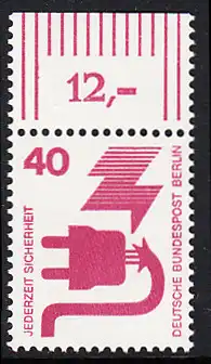 BERLIN 1971 Michel-Nummer 407 postfrisch EINZELMARKE RAND oben (b) - Unfallverhütung: Defekter Stecker