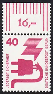 BERLIN 1971 Michel-Nummer 407 postfrisch EINZELMARKE RAND oben (c) - Unfallverhütung: Defekter Stecker
