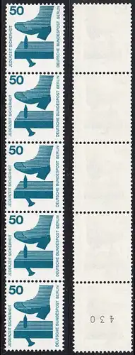 BERLIN 1971 Michel-Nummer 408 postfrisch vert.STRIP(5) m/ rücks.Rollennummer 430 - Unfallverhütung: Nagel im Brett