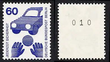 BERLIN 1971 Michel-Nummer 409 postfrisch EINZELMARKE m/ rücks.Rollennummer 010 - Unfallverhütung: Verkehrssicherheit, Ball vor Auto
