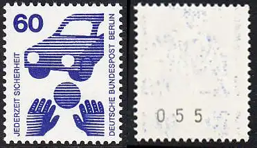 BERLIN 1971 Michel-Nummer 409 postfrisch EINZELMARKE m/ rücks.Rollennummer 055 - Unfallverhütung: Verkehrssicherheit, Ball vor Auto