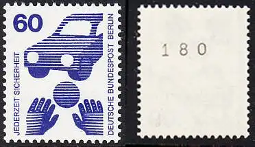 BERLIN 1971 Michel-Nummer 409 postfrisch EINZELMARKE m/ rücks.Rollennummer 180 - Unfallverhütung: Verkehrssicherheit, Ball vor Auto
