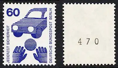 BERLIN 1971 Michel-Nummer 409 postfrisch EINZELMARKE m/ rücks.Rollennummer 470 - Unfallverhütung: Verkehrssicherheit, Ball vor Auto