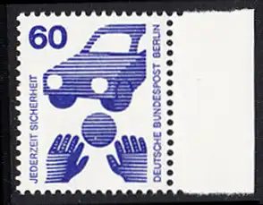 BERLIN 1971 Michel-Nummer 409 postfrisch EINZELMARKE RAND rechts (a) - Unfallverhütung: Verkehrssicherheit, Ball vor Auto