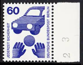 BERLIN 1971 Michel-Nummer 409 postfrisch EINZELMARKE RAND rechts (BZ) - Unfallverhütung: Verkehrssicherheit, Ball vor Auto