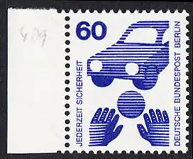 BERLIN 1971 Michel-Nummer 409 postfrisch EINZELMARKE RAND links (b) - Unfallverhütung: Verkehrssicherheit, Ball vor Auto