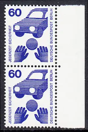 BERLIN 1971 Michel-Nummer 409 postfrisch vert.PAAR RAND rechts - Unfallverhütung: Verkehrssicherheit, Ball vor Auto