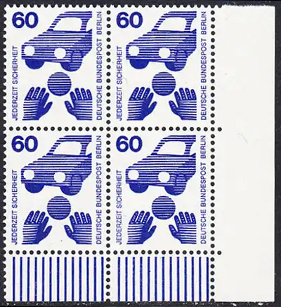 BERLIN 1971 Michel-Nummer 409 postfrisch BLOCK ECKRAND unten rechts - Unfallverhütung: Verkehrssicherheit, Ball vor Auto