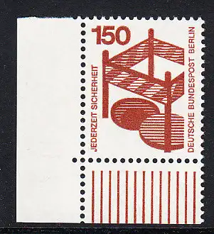 BERLIN 1971 Michel-Nummer 411 postfrisch EINZELMARKE ECKRAND unten links - Unfallverhütung: Absperrung
