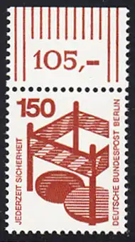 BERLIN 1971 Michel-Nummer 411 postfrisch EINZELMARKE RAND oben (c) - Unfallverhütung: Absperrung