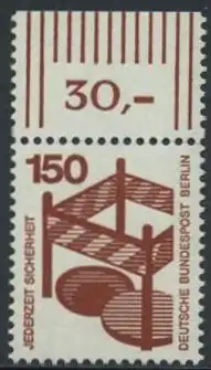 BERLIN 1971 Michel-Nummer 411 postfrisch EINZELMARKE RAND oben (a) - Unfallverhütung: Absperrung