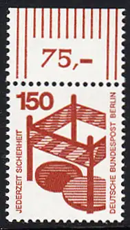 BERLIN 1971 Michel-Nummer 411 postfrisch EINZELMARKE RAND oben (b) - Unfallverhütung: Absperrung