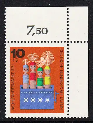 BERLIN 1971 Michel-Nummer 412 postfrisch EINZELMARKE ECKRAND oben rechts - Altes Holzspielzeug: Kurbelmännchen