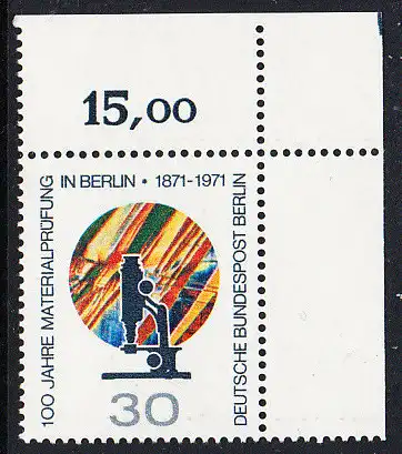 BERLIN 1971 Michel-Nummer 416 postfrisch EINZELMARKE ECKRAND oben rechts - Materialprüfung in Berlin