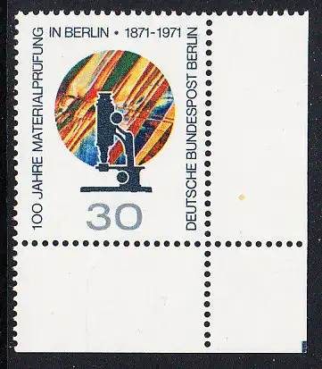 BERLIN 1971 Michel-Nummer 416 postfrisch EINZELMARKE ECKRAND unten rechts - Materialprüfung in Berlin