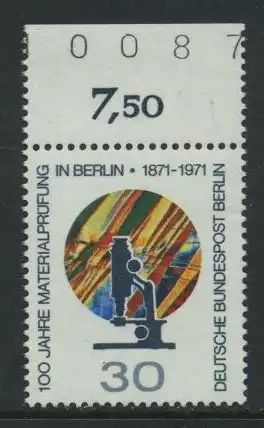 BERLIN 1971 Michel-Nummer 416 postfrisch EINZELMARKE RAND oben (d) - Materialprüfung in Berlin