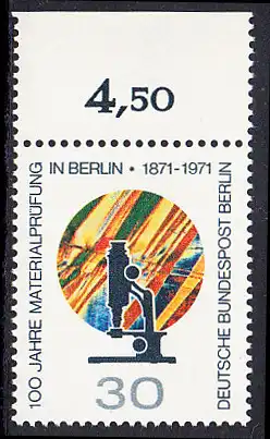 BERLIN 1971 Michel-Nummer 416 postfrisch EINZELMARKE RAND oben (b) - Materialprüfung in Berlin