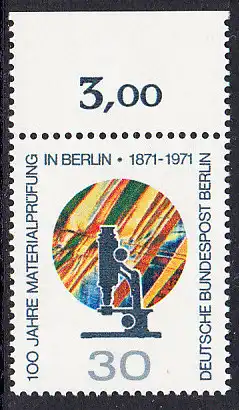 BERLIN 1971 Michel-Nummer 416 postfrisch EINZELMARKE RAND oben (a) - Materialprüfung in Berlin