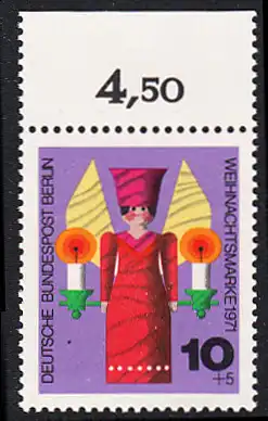 BERLIN 1971 Michel-Nummer 417 postfrisch EINZELMARKE RAND oben (c) - Weihnachten, Holzgedrechselter Weihnachtsengel