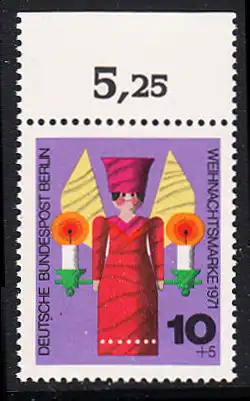 BERLIN 1971 Michel-Nummer 417 postfrisch EINZELMARKE RAND oben (d) - Weihnachten, Holzgedrechselter Weihnachtsengel