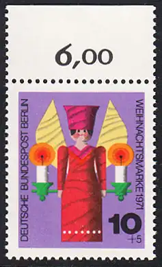 BERLIN 1971 Michel-Nummer 417 postfrisch EINZELMARKE RAND oben (e) - Weihnachten, Holzgedrechselter Weihnachtsengel