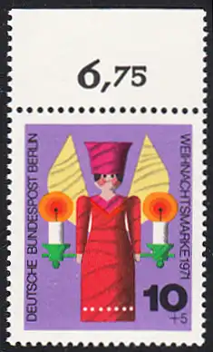 BERLIN 1971 Michel-Nummer 417 postfrisch EINZELMARKE RAND oben (f) - Weihnachten, Holzgedrechselter Weihnachtsengel