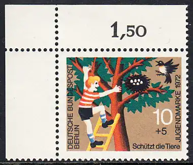 BERLIN 1972 Michel-Nummer 418 postfrisch EINZELMARKE ECKRAND oben links - Tierschutz