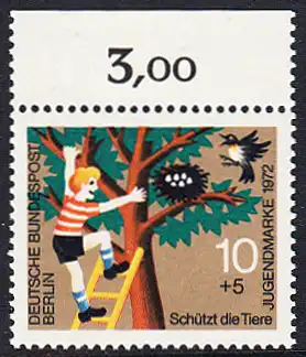 BERLIN 1972 Michel-Nummer 418 postfrisch EINZELMARKE RAND oben - Tierschutz