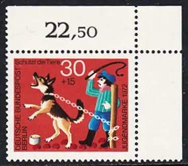 BERLIN 1972 Michel-Nummer 420 postfrisch EINZELMARKE ECKRAND oben rechts - Tierschutz