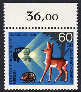 BERLIN 1972 Michel-Nummer 421 postfrisch EINZELMARKE RAND oben - Tierschutz