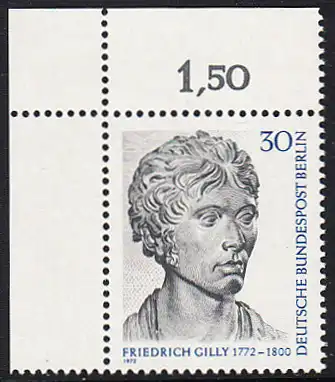 BERLIN 1972 Michel-Nummer 422 postfrisch EINZELMARKE ECKRAND oben links - Friedrich Gilly, Baumeister