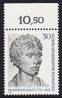 BERLIN 1972 Michel-Nummer 422 postfrisch EINZELMARKE RAND oben (f) - Friedrich Gilly, Baumeister