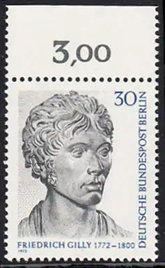 BERLIN 1972 Michel-Nummer 422 postfrisch EINZELMARKE RAND oben (b) - Friedrich Gilly, Baumeister