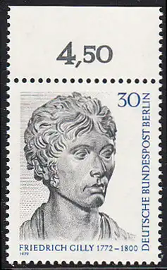 BERLIN 1972 Michel-Nummer 422 postfrisch EINZELMARKE RAND oben (c) - Friedrich Gilly, Baumeister