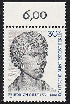 BERLIN 1972 Michel-Nummer 422 postfrisch EINZELMARKE RAND oben (d) - Friedrich Gilly, Baumeister