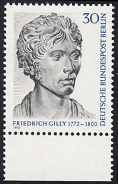 BERLIN 1972 Michel-Nummer 422 postfrisch EINZELMARKE RAND unten - Friedrich Gilly, Baumeister