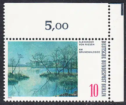 BERLIN 1972 Michel-Nummer 423 postfrisch EINZELMARKE ECKRAND oben rechts - Gemälde: Berliner Landschaften - Am Grunewaldsee