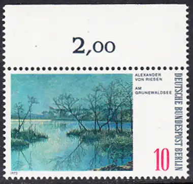 BERLIN 1972 Michel-Nummer 423 postfrisch EINZELMARKE RAND oben (a) - Gemälde: Berliner Landschaften - Am Grunewaldsee