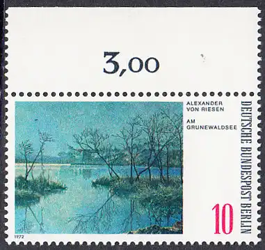 BERLIN 1972 Michel-Nummer 423 postfrisch EINZELMARKE RAND oben (b) - Gemälde: Berliner Landschaften - Am Grunewaldsee