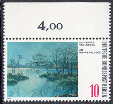 BERLIN 1972 Michel-Nummer 423 postfrisch EINZELMARKE RAND oben (c) - Gemälde: Berliner Landschaften - Am Grunewaldsee