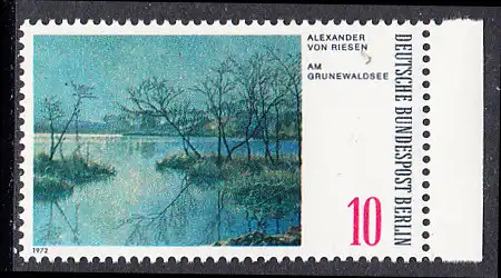 BERLIN 1972 Michel-Nummer 423 postfrisch EINZELMARKE RAND rechts - Gemälde: Berliner Landschaften - Am Grunewaldsee