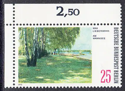 BERLIN 1972 Michel-Nummer 424 postfrisch EINZELMARKE ECKRAND oben links - Gemälde: Berliner Landschaften - Am Wanrisee