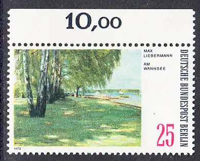 BERLIN 1972 Michel-Nummer 424 postfrisch EINZELMARKE RAND oben (b) - Gemälde: Berliner Landschaften - Am Wanrisee
